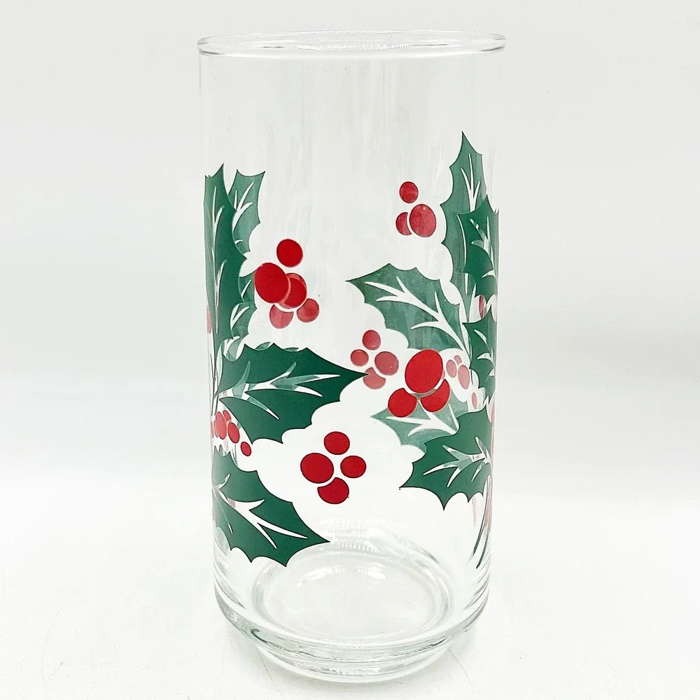 Vintage‎ Christmas Holly Berry Clear Glass Tumbler